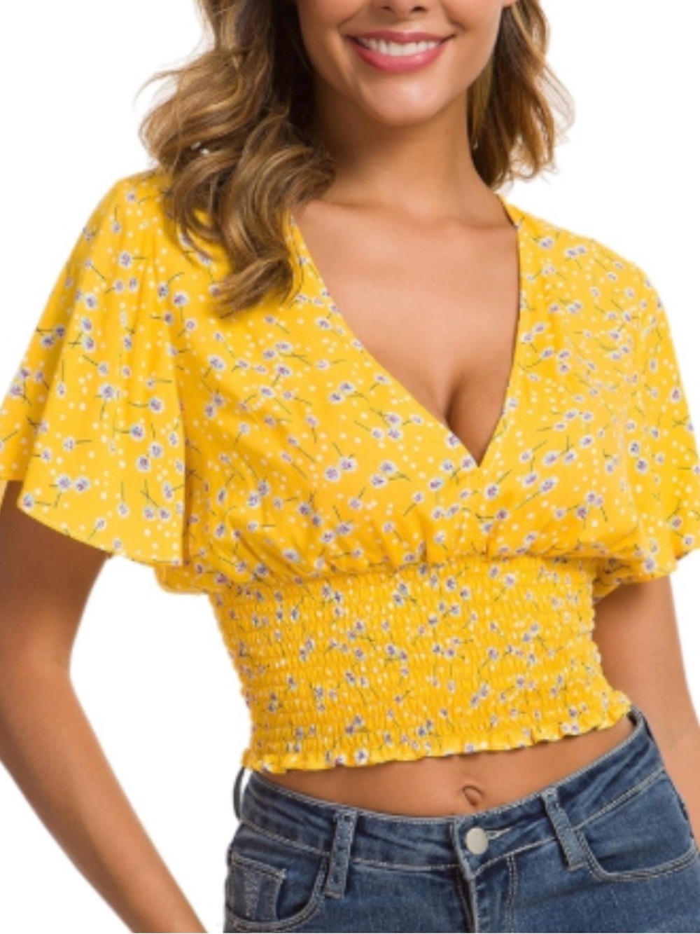 Yellow Floral Smocked V-Neck Crop Top Hippie Boho